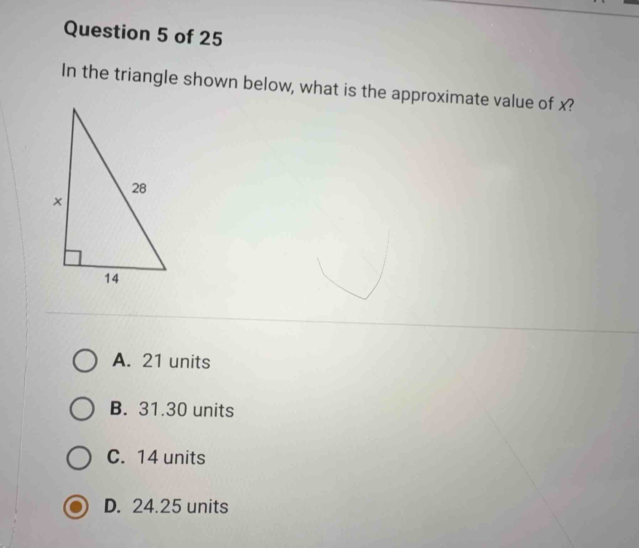 question 5 of 25 in the triangle shown below, what is the approximate v…