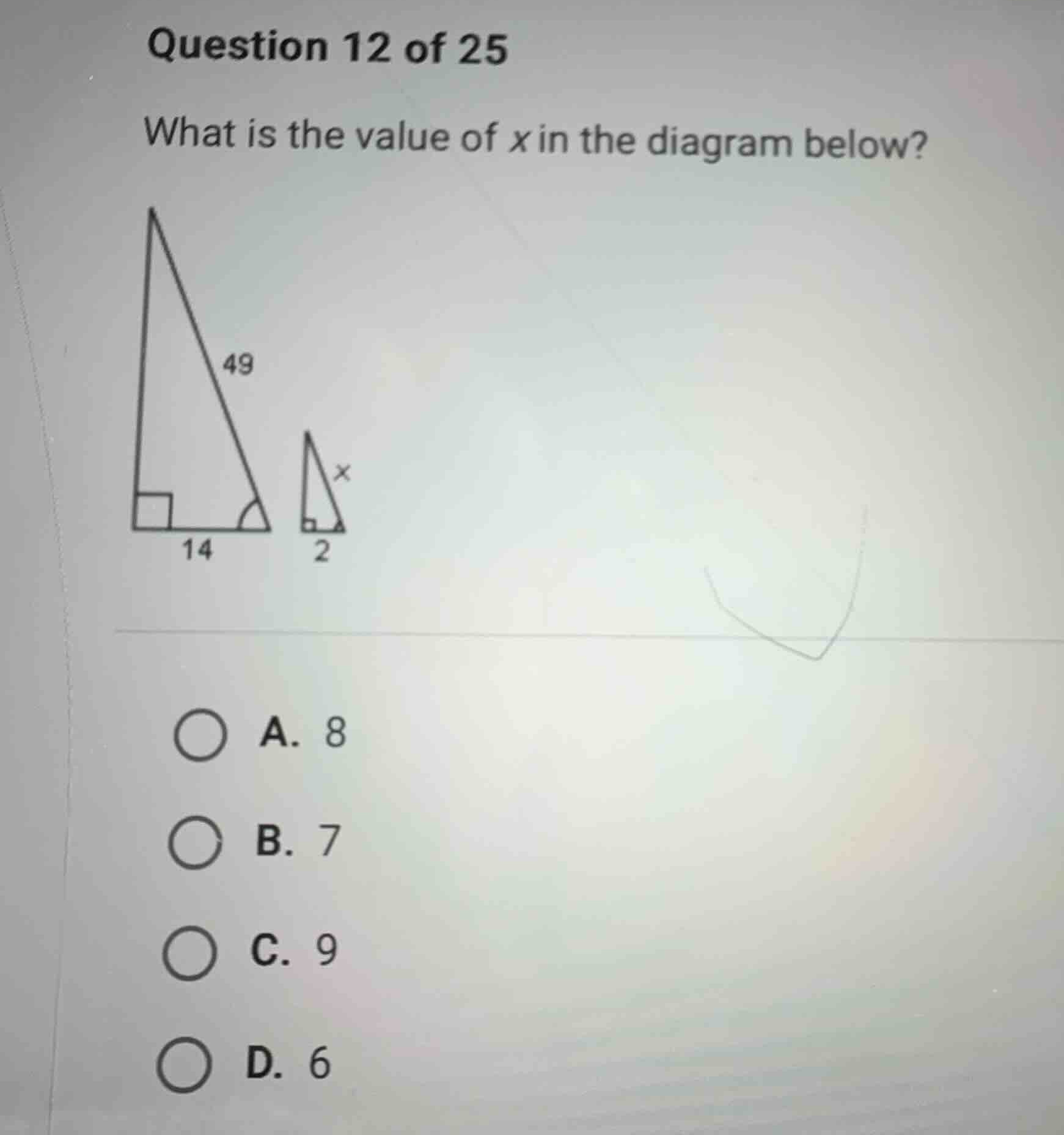 question 12 of 25 what is the value of \\(x\\) in the diagram below? a.…
