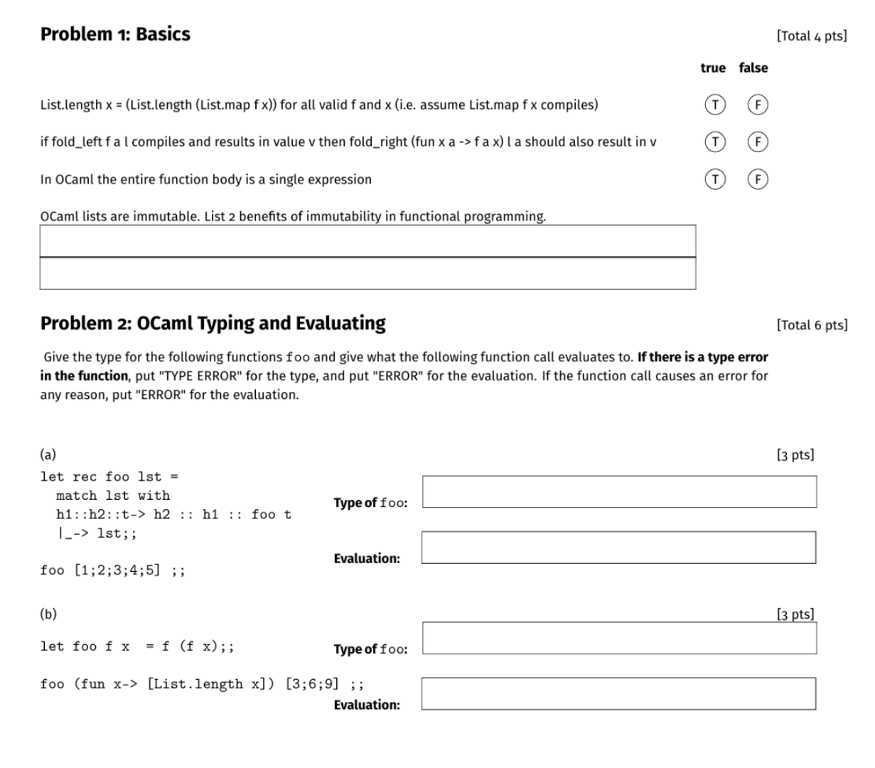 problem 1: basics total 4 pts true false list.length x = (list.length (…