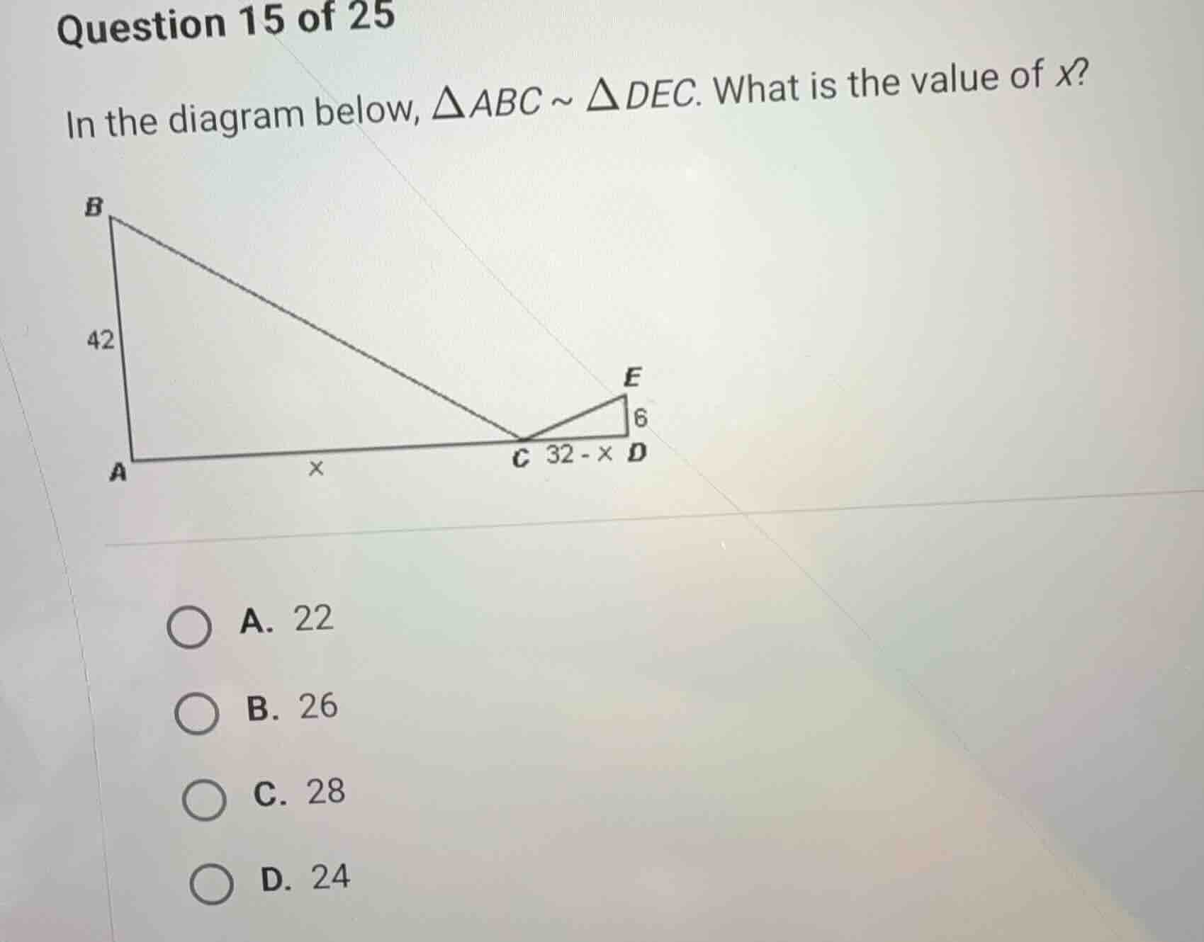 question 15 of 25 in the diagram below, \\(\\delta abc \\sim \\delta de…