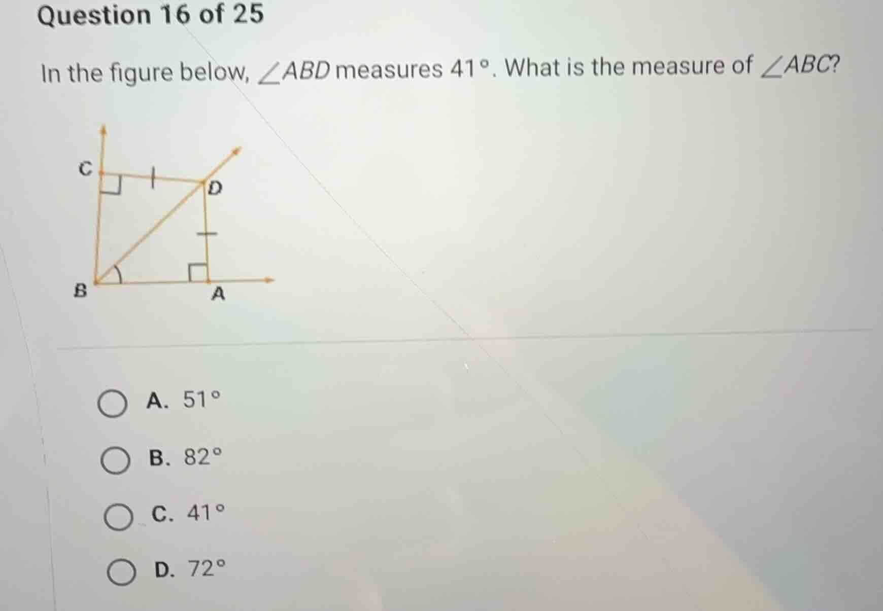question 16 of 25 in the figure below, \\(\\angle abd\\) measures \\(41…