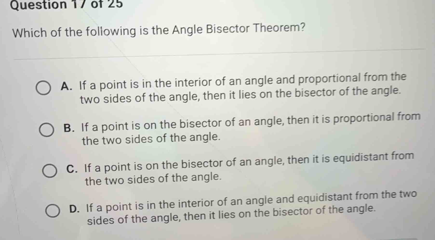 question 17 of 25 which of the following is the angle bisector theorem?…