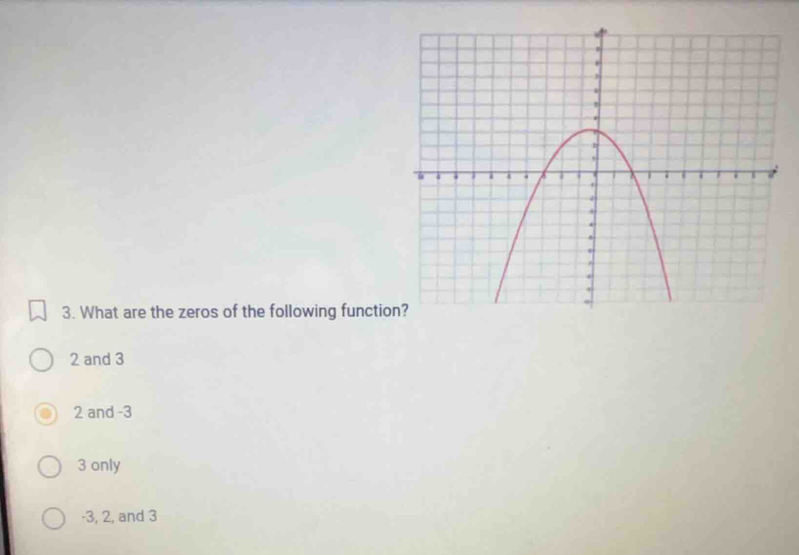 3. what are the zeros of the following function? 2 and 3 2 and -3 3 onl…
