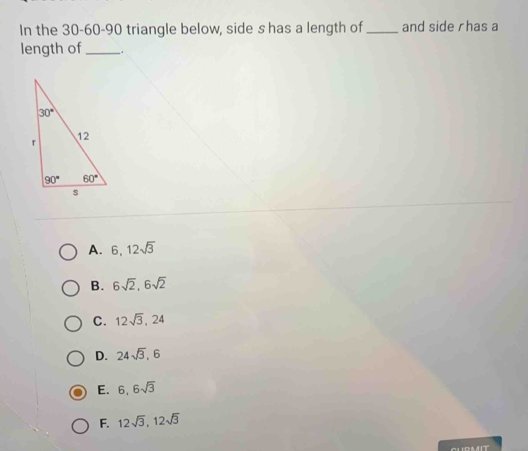 in the 30-60-90 triangle below, side \\(s\\) has a length of \\(\\under…