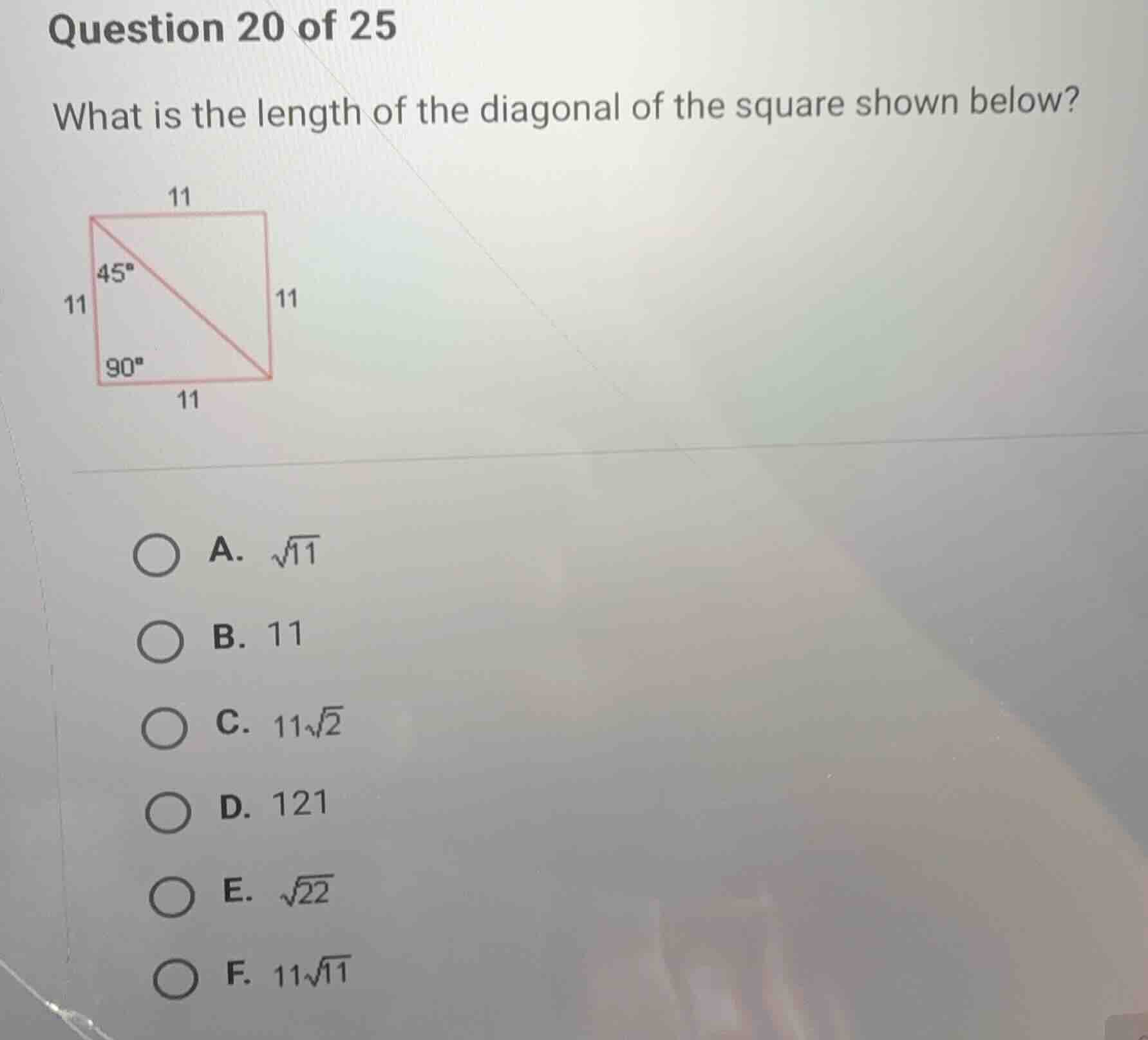 question 20 of 25 what is the length of the diagonal of the square show…