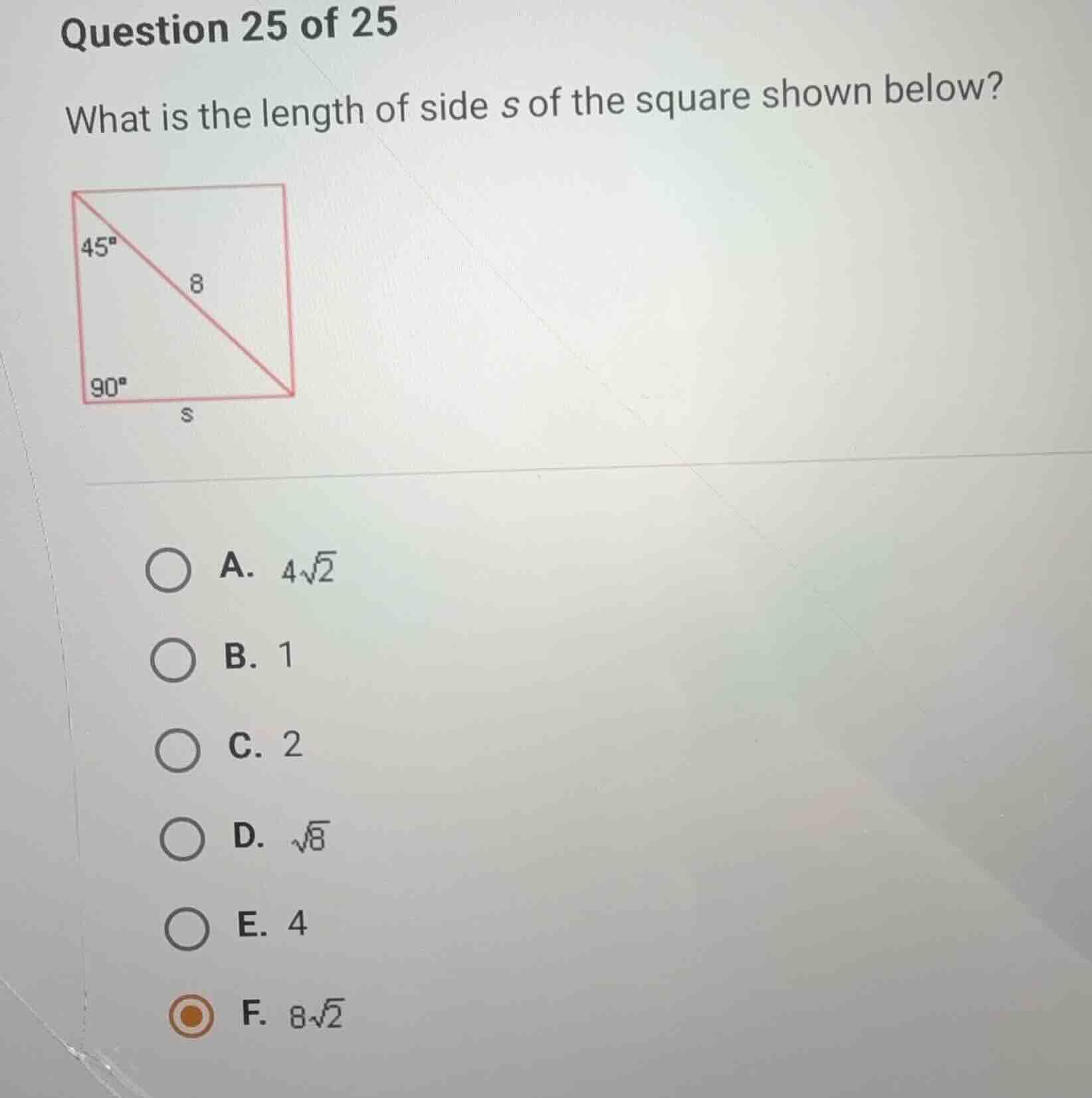 question 25 of 25 what is the length of side \\(s\\) of the square show…