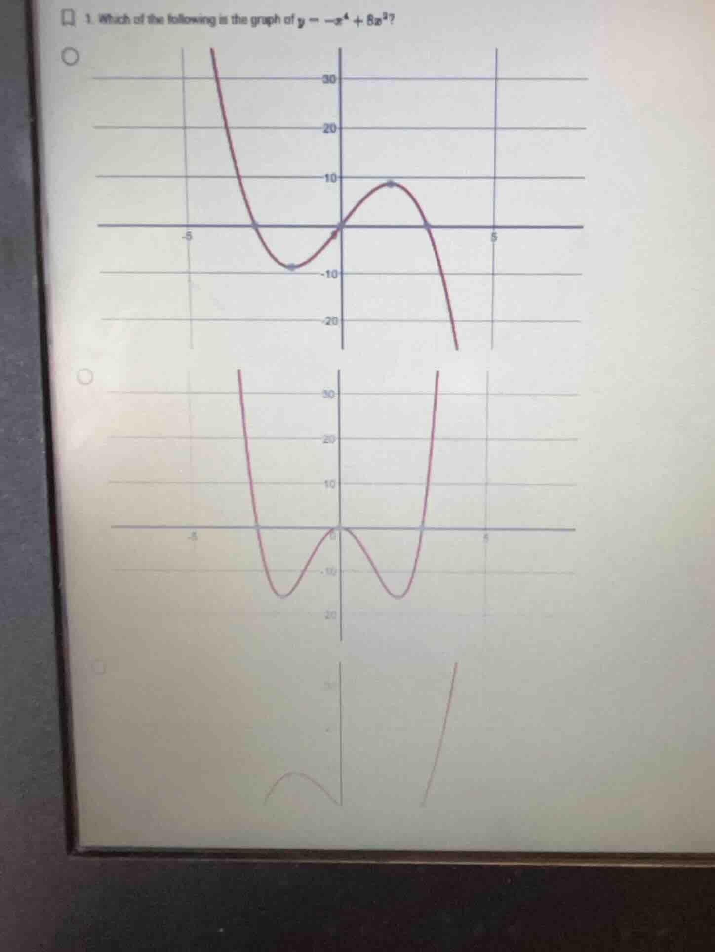 1. which of the following is the graph of \\(y = -x^4 + 8x^2\\)?