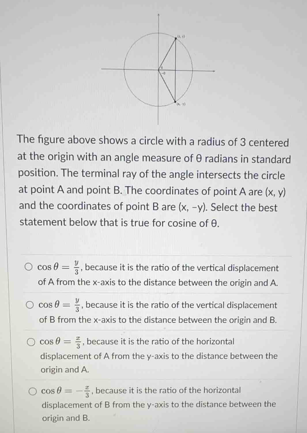 the figure above shows a circle with a radius of 3 centered at the orig…