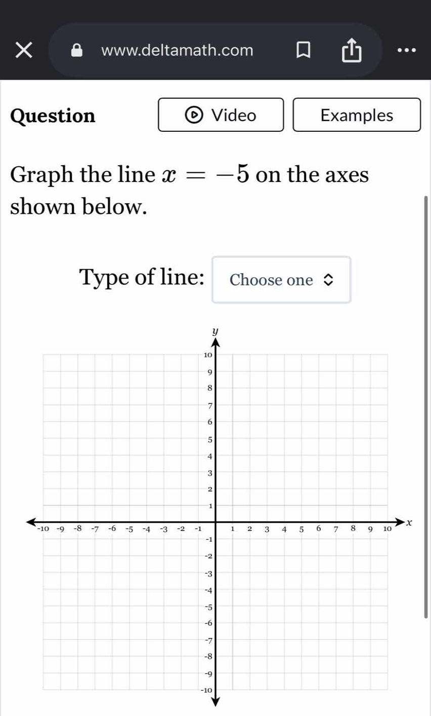 graph the line \\(x = -5\\) on the axes shown below. type of line: choo…