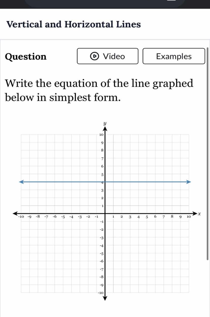 vertical and horizontal lines question write the equation of the line g…