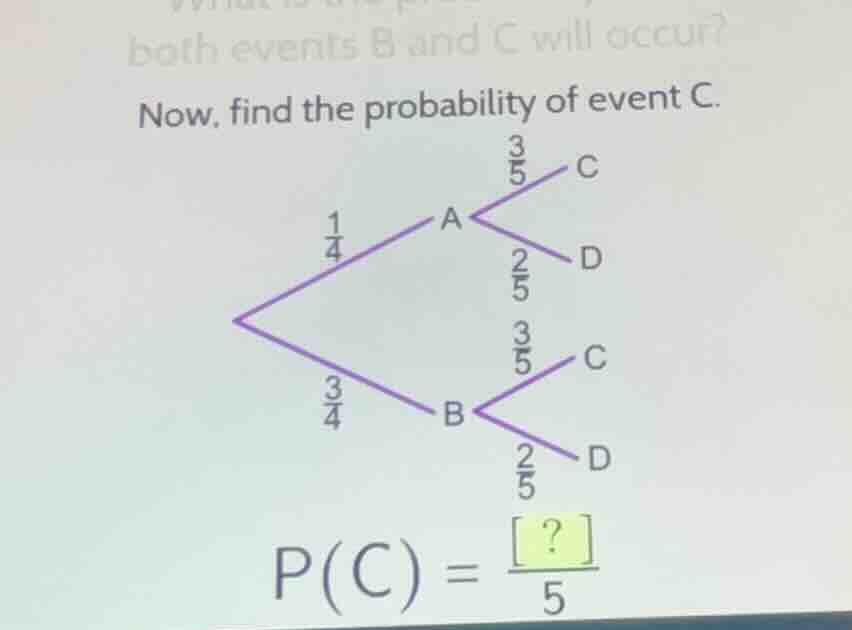 now, find the probability of event c. \\(p(c) = \\frac{?}{5}\\)
