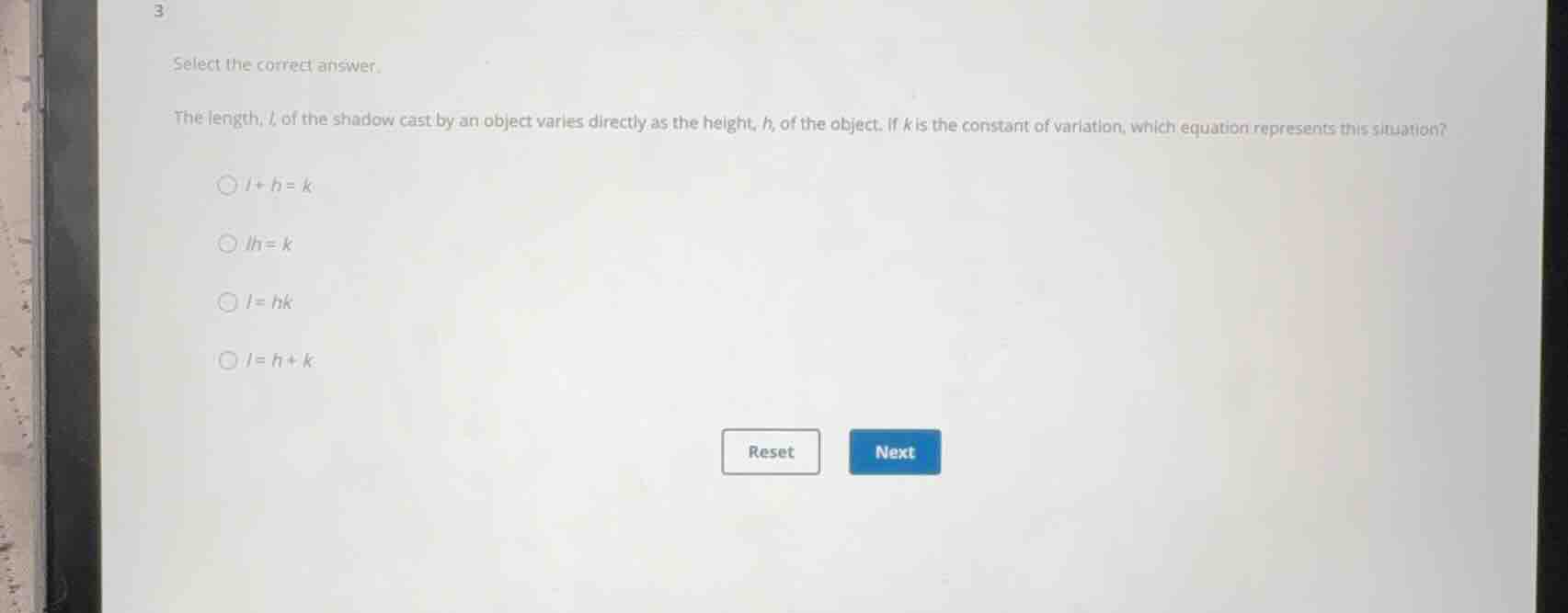 select the correct answer. the length, \\(l\\), of the shadow cast by a…