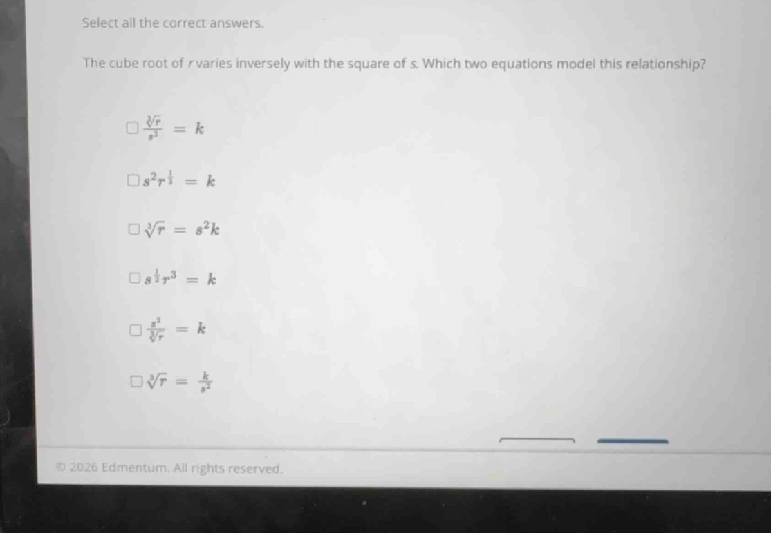 select all the correct answers. the cube root of \\(r\\) varies inverse…