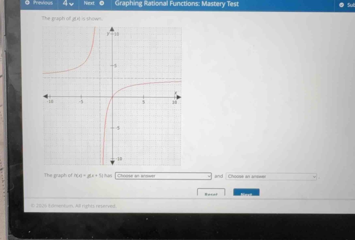 the graph of \\(g(x)\\) is shown. the graph of \\(h(x) = g(x + 5)\\) ha…