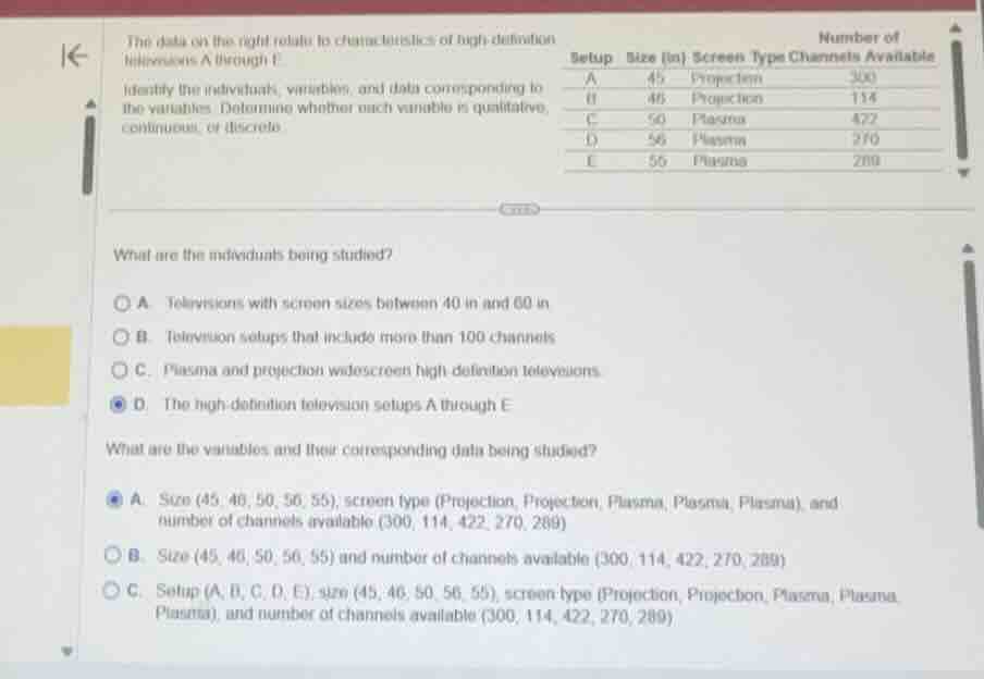 the data on the right relate to characteristics of high-definition tele…