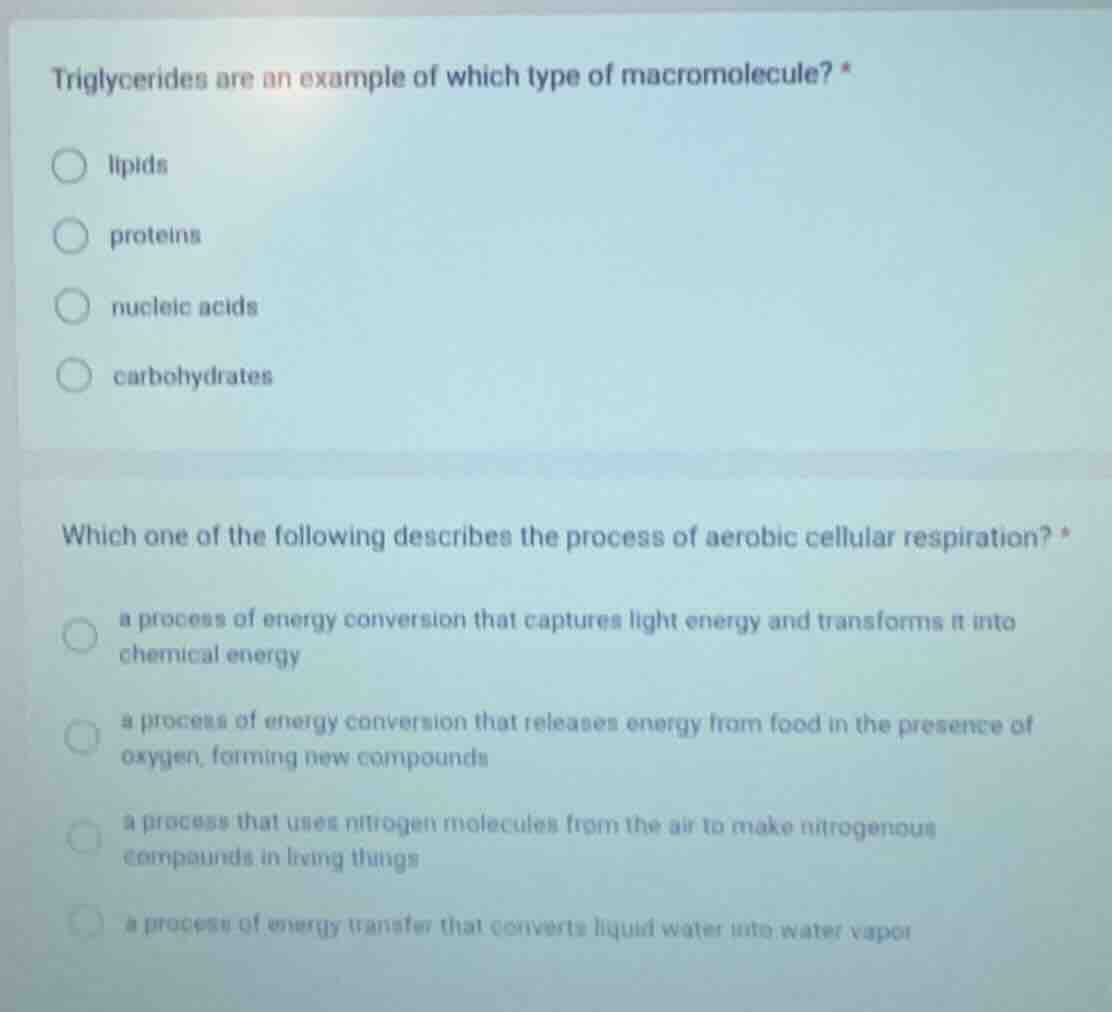 triglycerides are an example of which type of macromolecule? * lipids p…