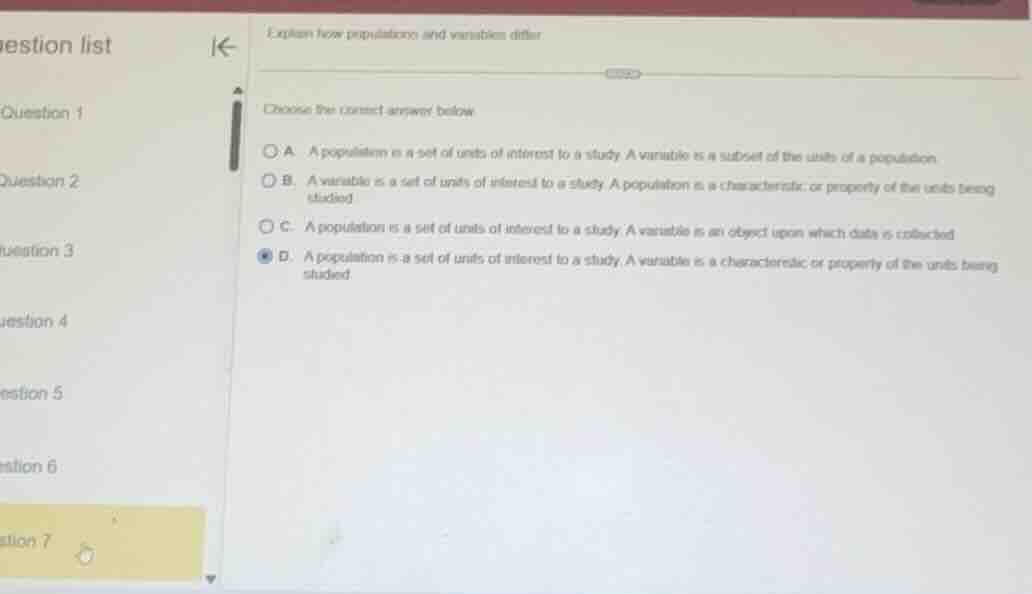 explain how populations and variables differ. choose the correct answer…