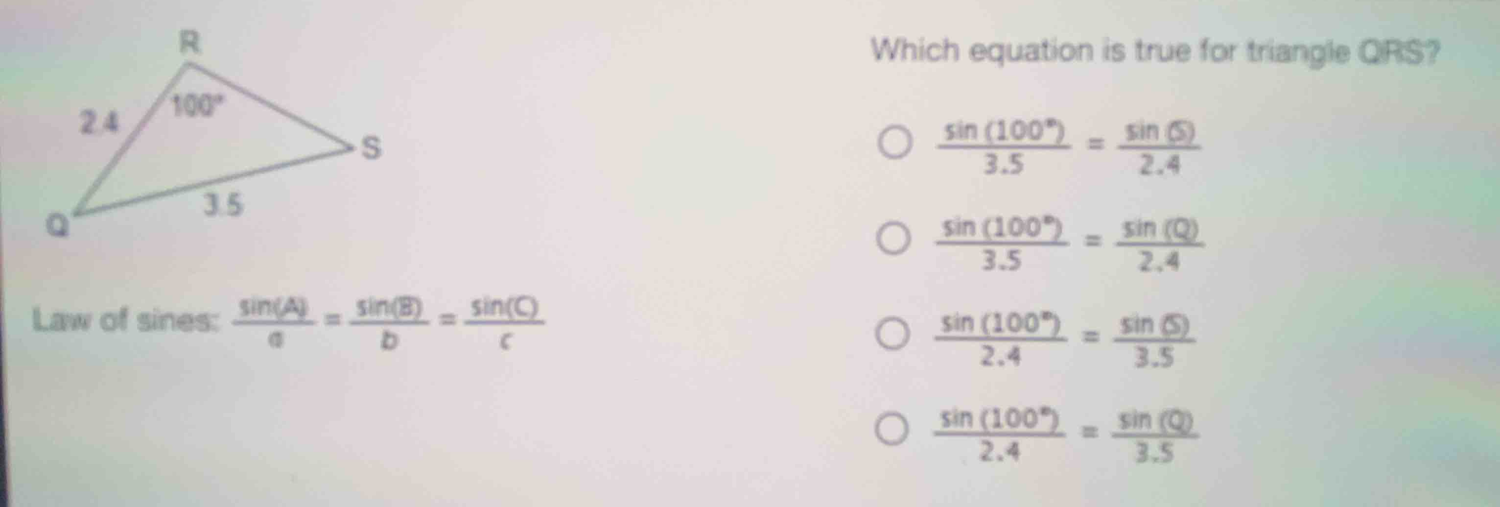 which equation is true for triangle qrs? law of sines: \\(\\frac{\\sin(…