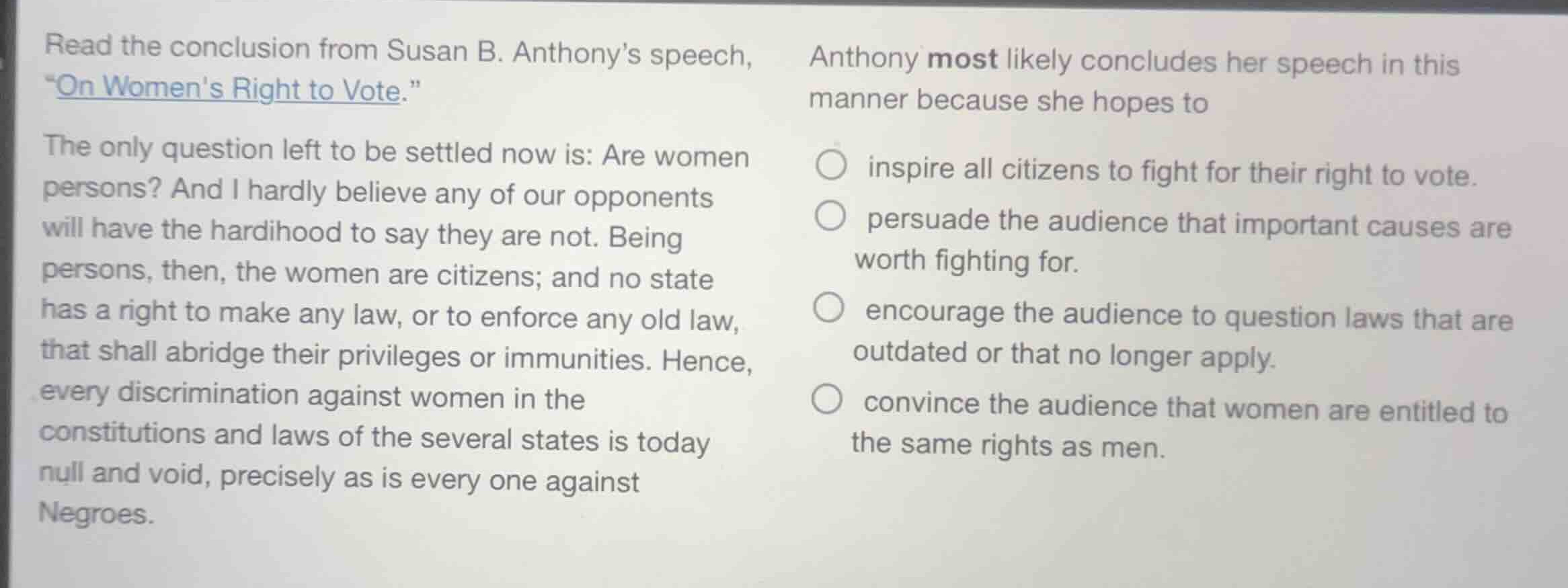 read the conclusion from susan b. anthonys speech, \on womens right to …