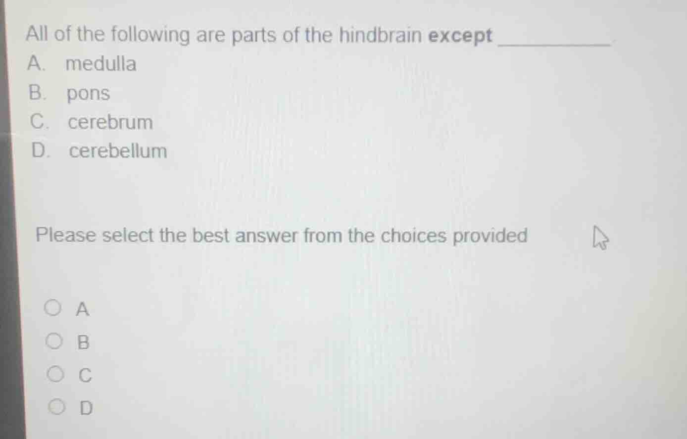 all of the following are parts of the hindbrain except _______ a. medul…