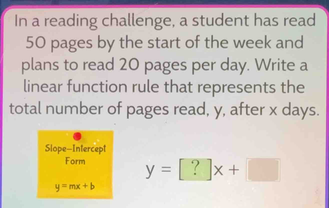 in a reading challenge, a student has read 50 pages by the start of the…