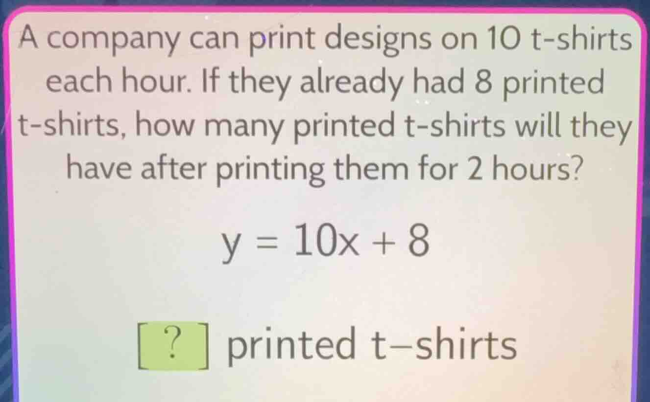a company can print designs on 10 t-shirts each hour. if they already h…
