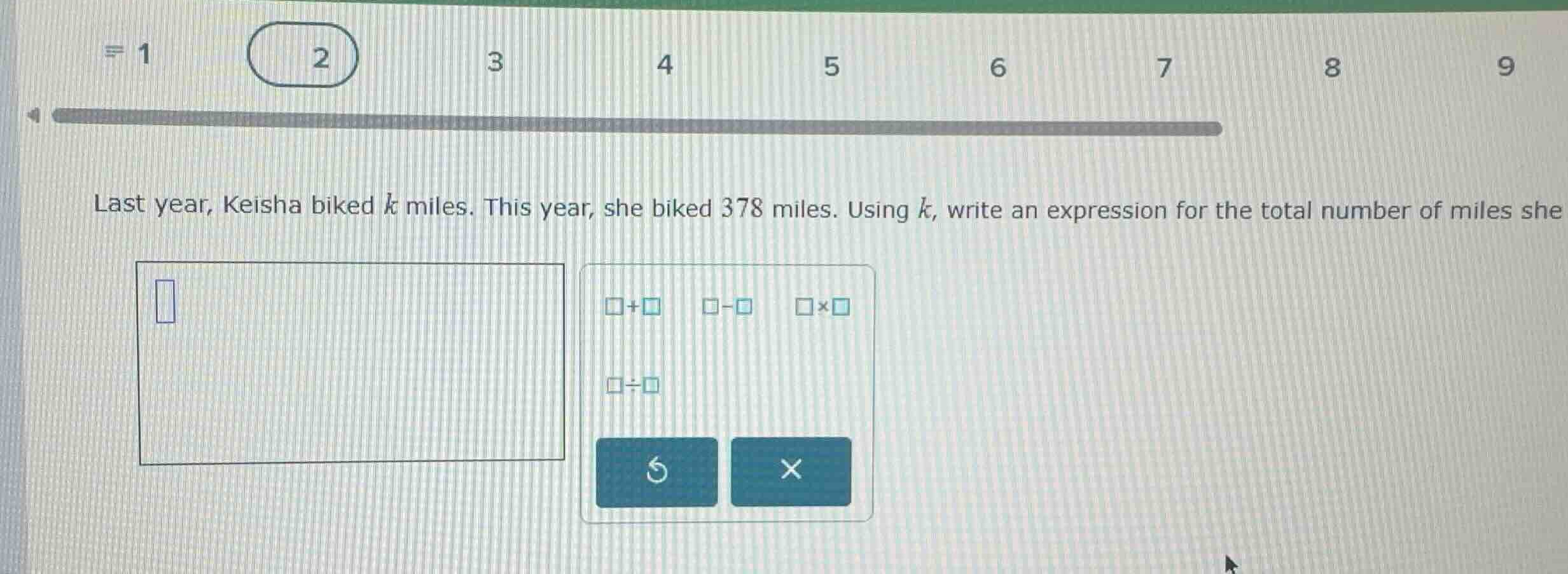 last year, keisha biked \\(k\\) miles. this year, she biked 378 miles. …