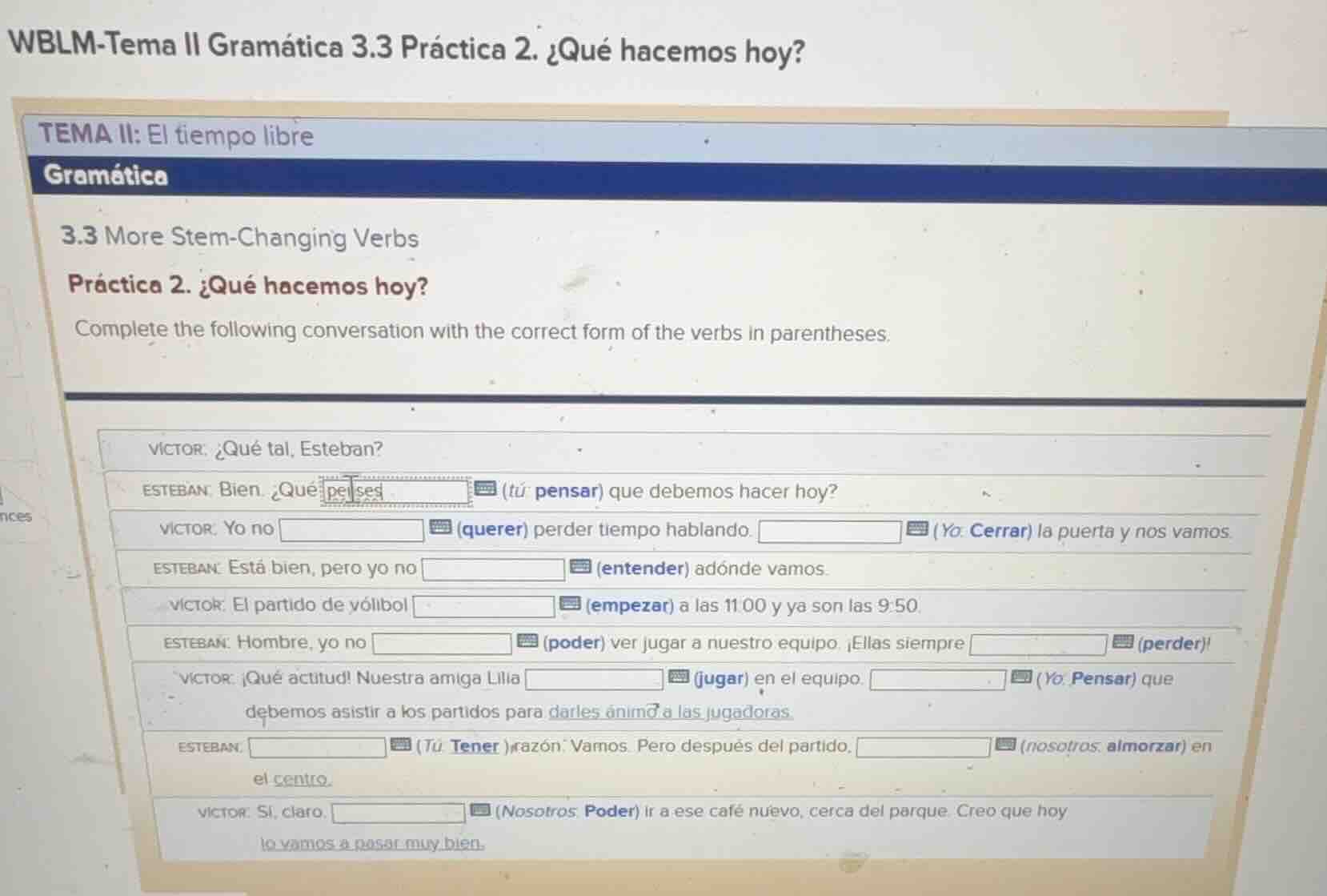 wblm-tema ii gramática 3.3 práctica 2. ¿qué hacemos hoy? tema ii: el ti…