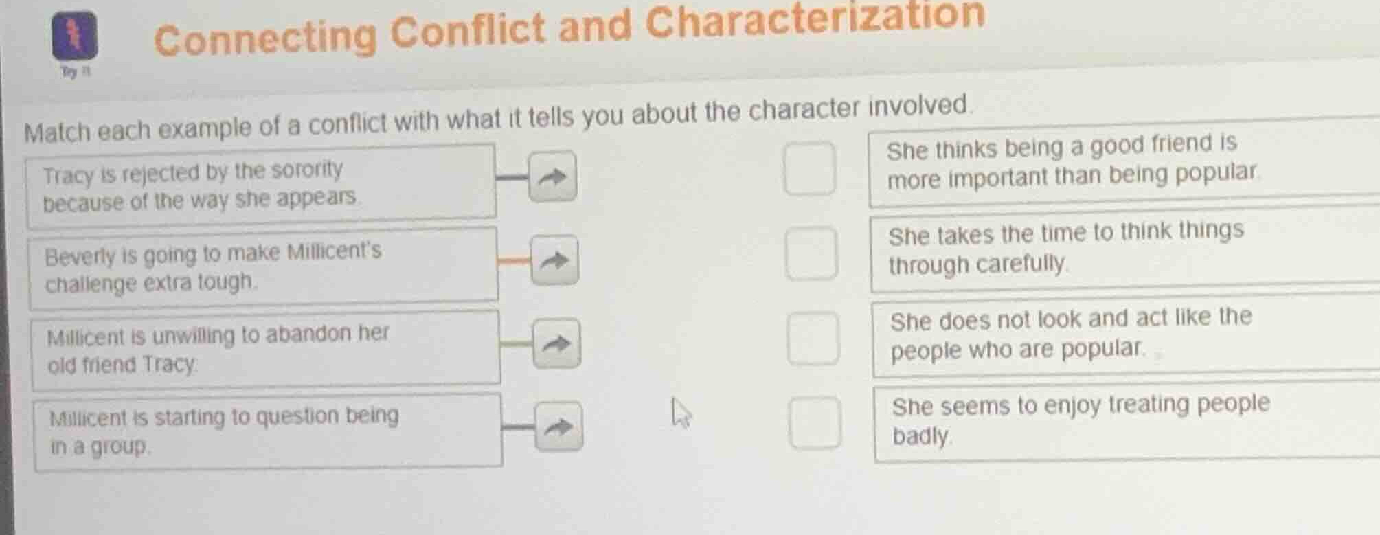 connecting conflict and characterization match each example of a confli…