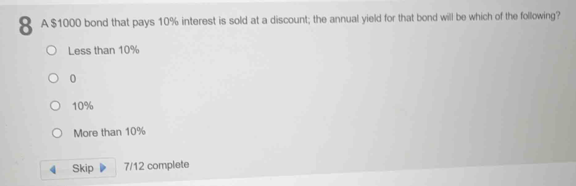 8 a \\$1000 bond that pays 10\\% interest is sold at a discount; the an…
