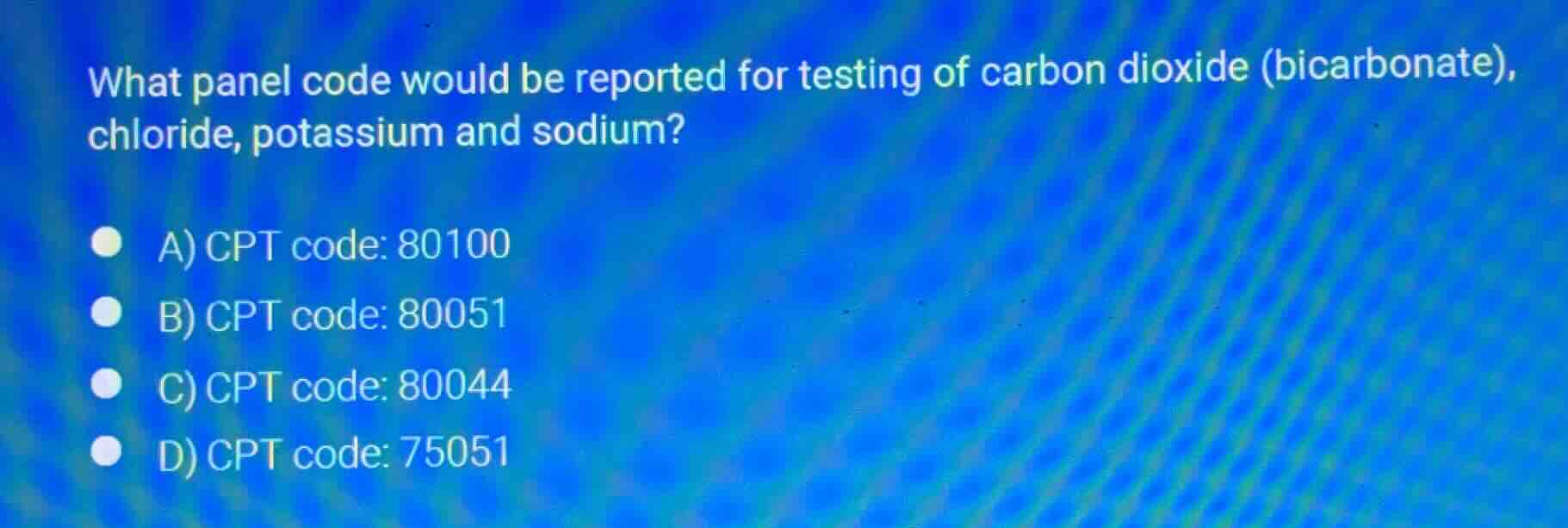 what panel code would be reported for testing of carbon dioxide (bicarb…