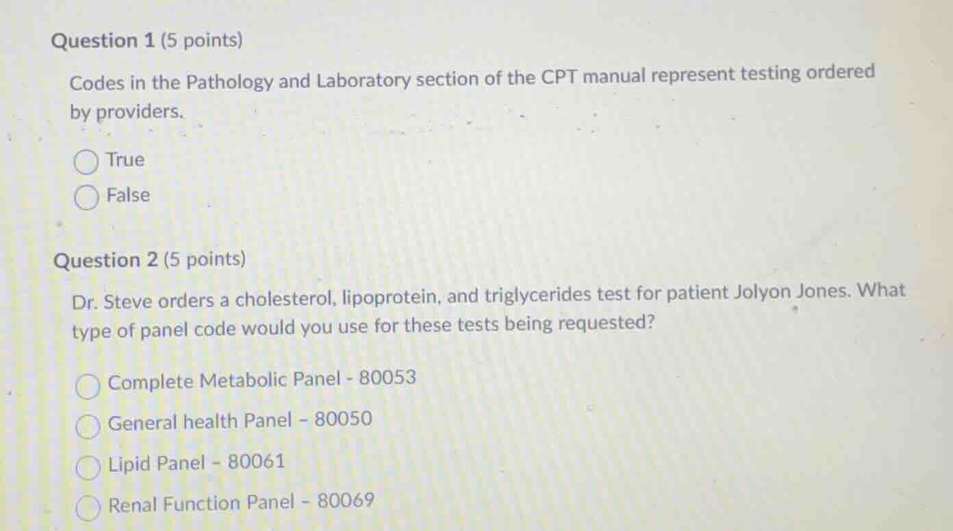 question 1 (5 points) codes in the pathology and laboratory section of …