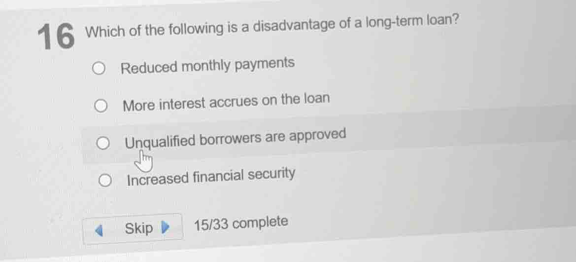 16 which of the following is a disadvantage of a long-term loan? reduce…