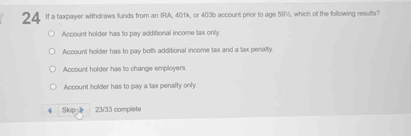 24 if a taxpayer withdraws funds from an ira, 401k, or 403b account pri…