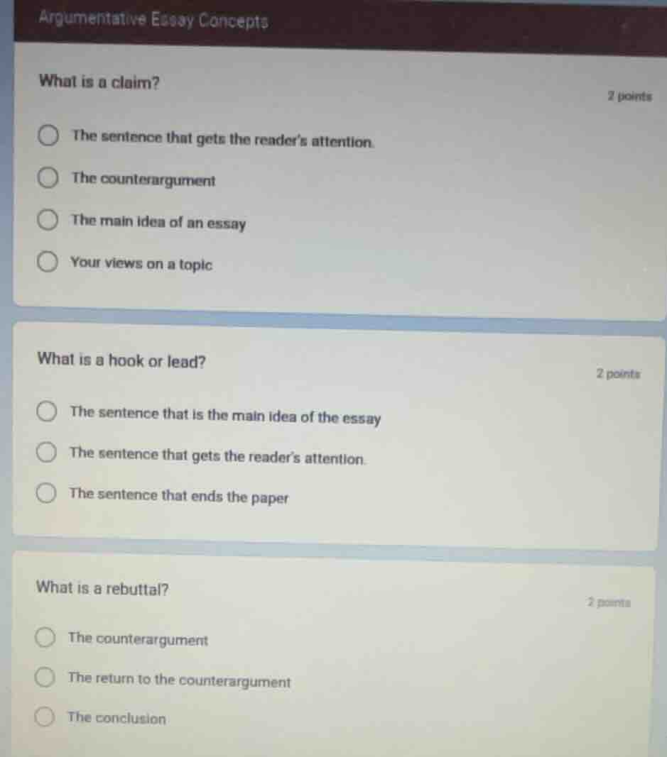 argumentative essay concepts what is a claim? 2 points - the sentence t…