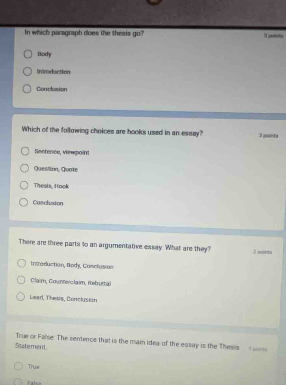 in which paragraph does the thesis go? - body - introduction - conclusi…