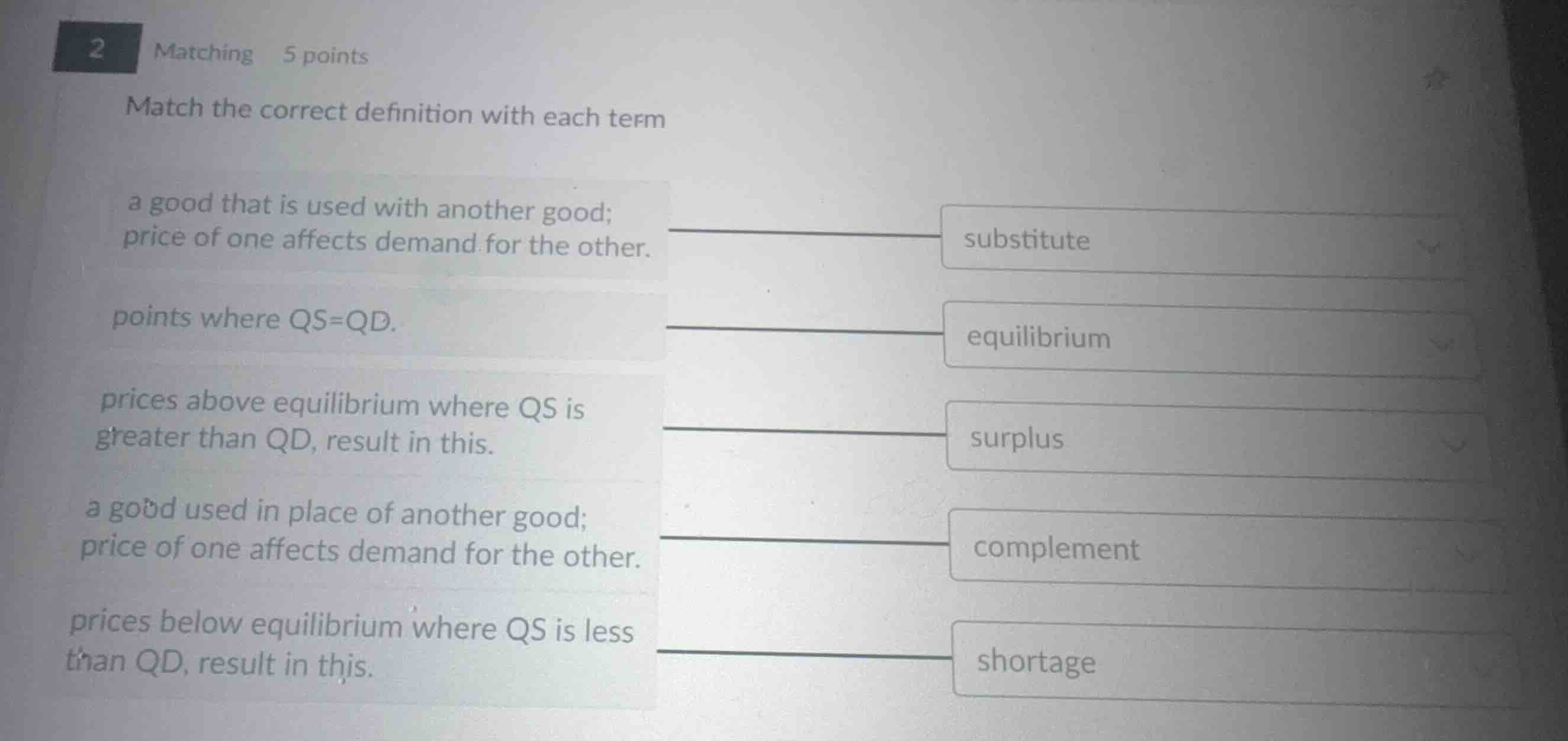 match the correct definition with each term a good that is used with an…