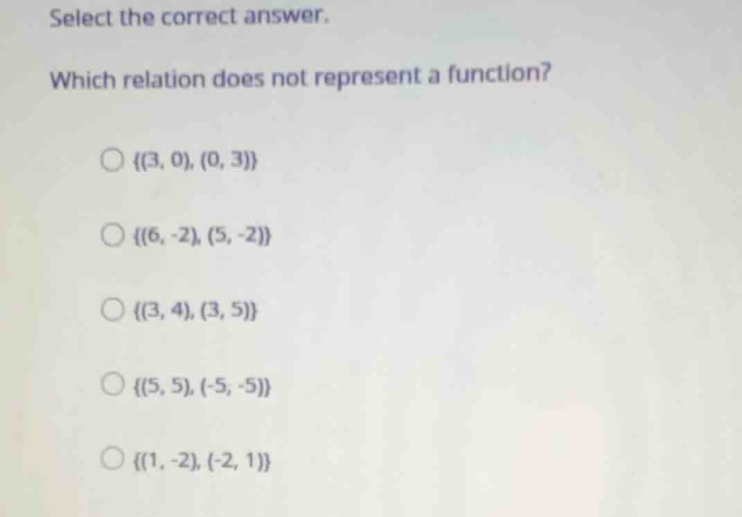 select the correct answer. which relation does not represent a function…