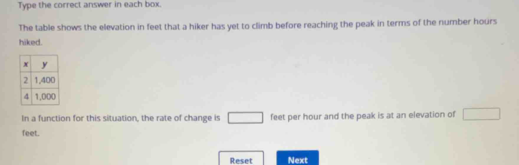 type the correct answer in each box. the table shows the elevation in f…