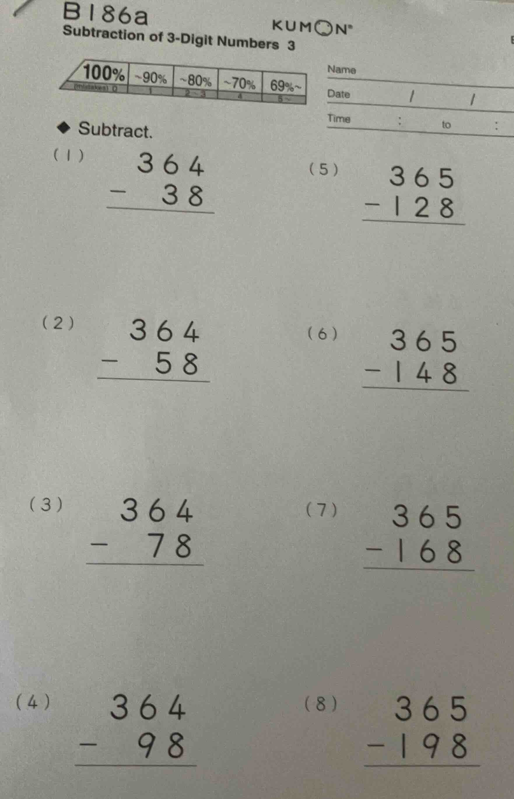 b186a kumon subtraction of 3-digit numbers 3 name date / / time : to : …