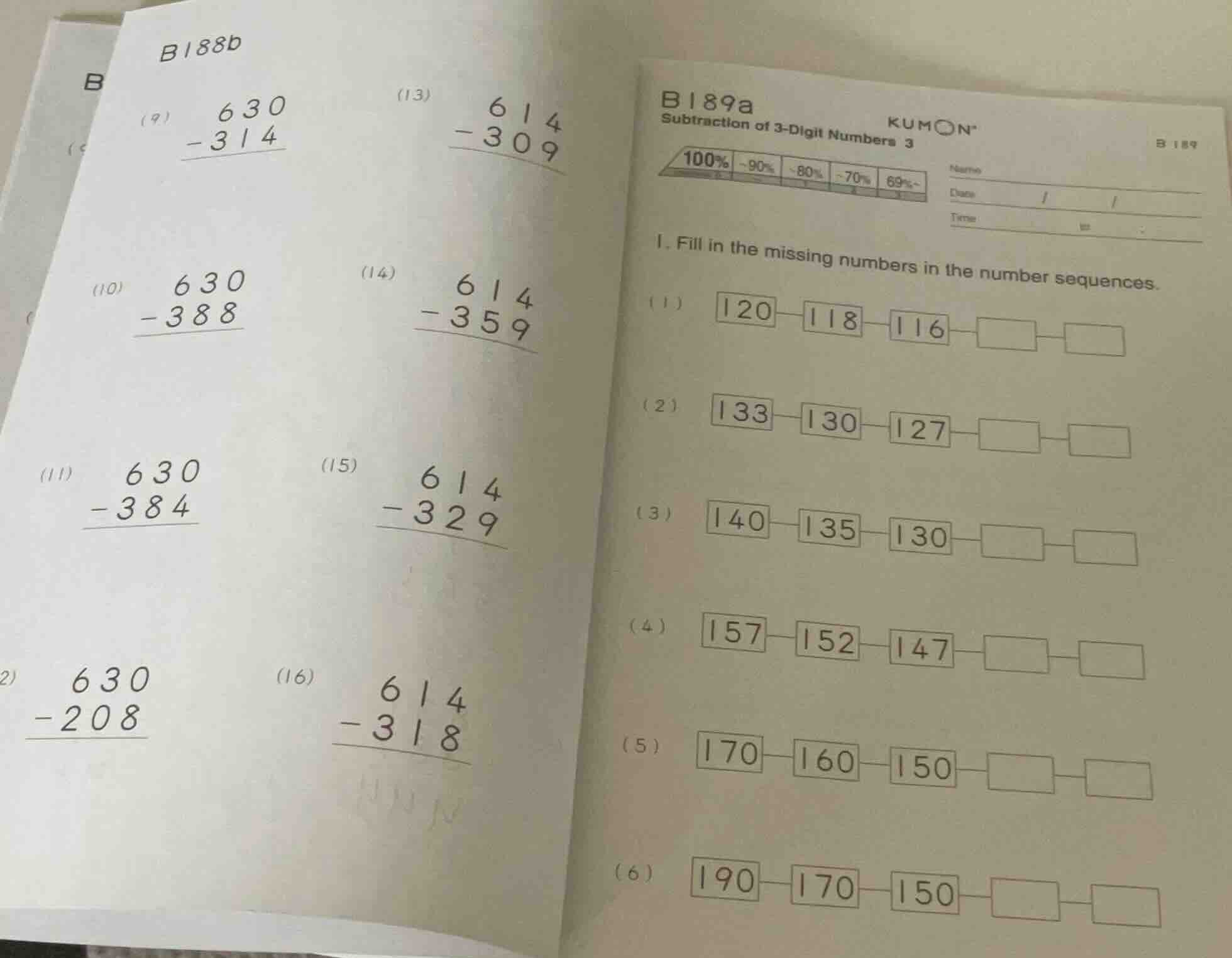 b189a kumon subtraction of 3-digit numbers 3 i. fill in the missing num…
