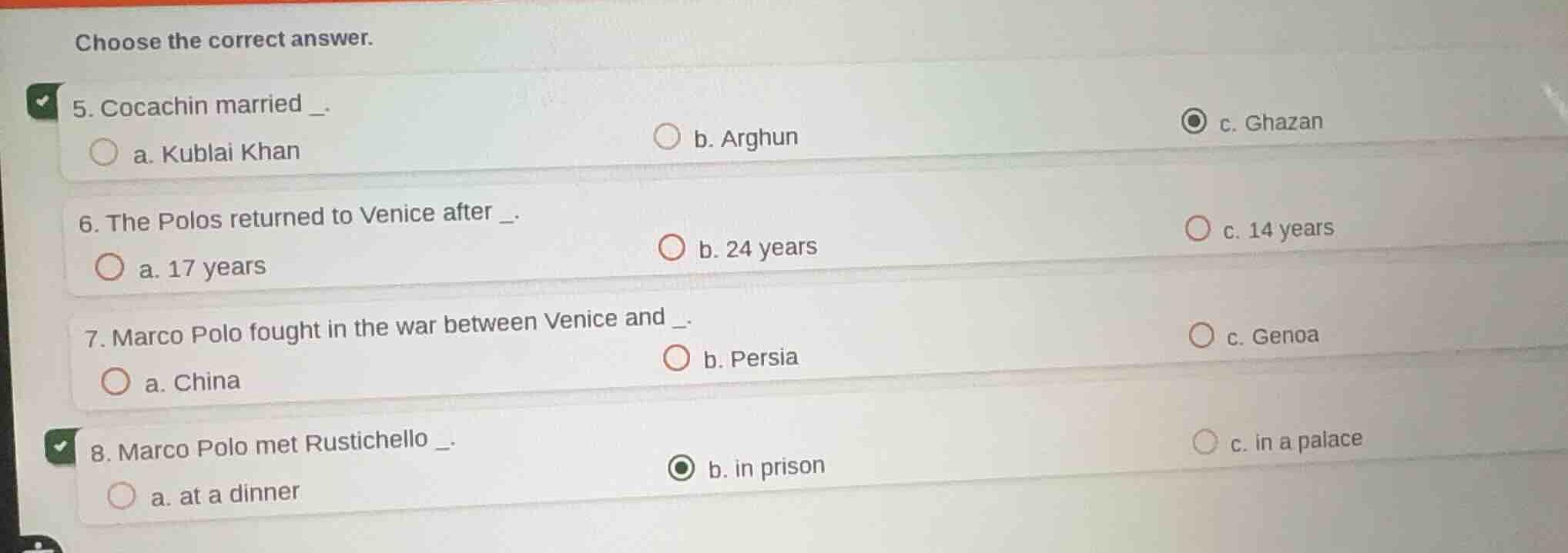 choose the correct answer. 5. cocachin married _. a. kublai khan b. arg…