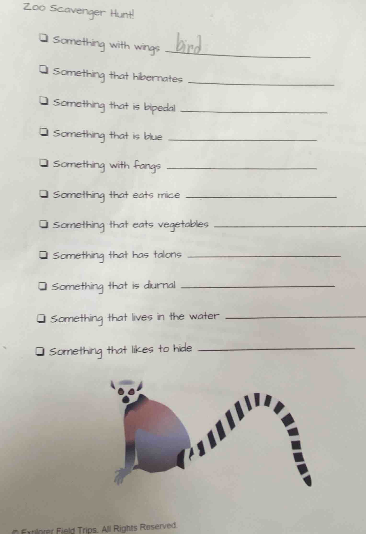 zoo scavenger hunt! something with wings bird something that hibernates…