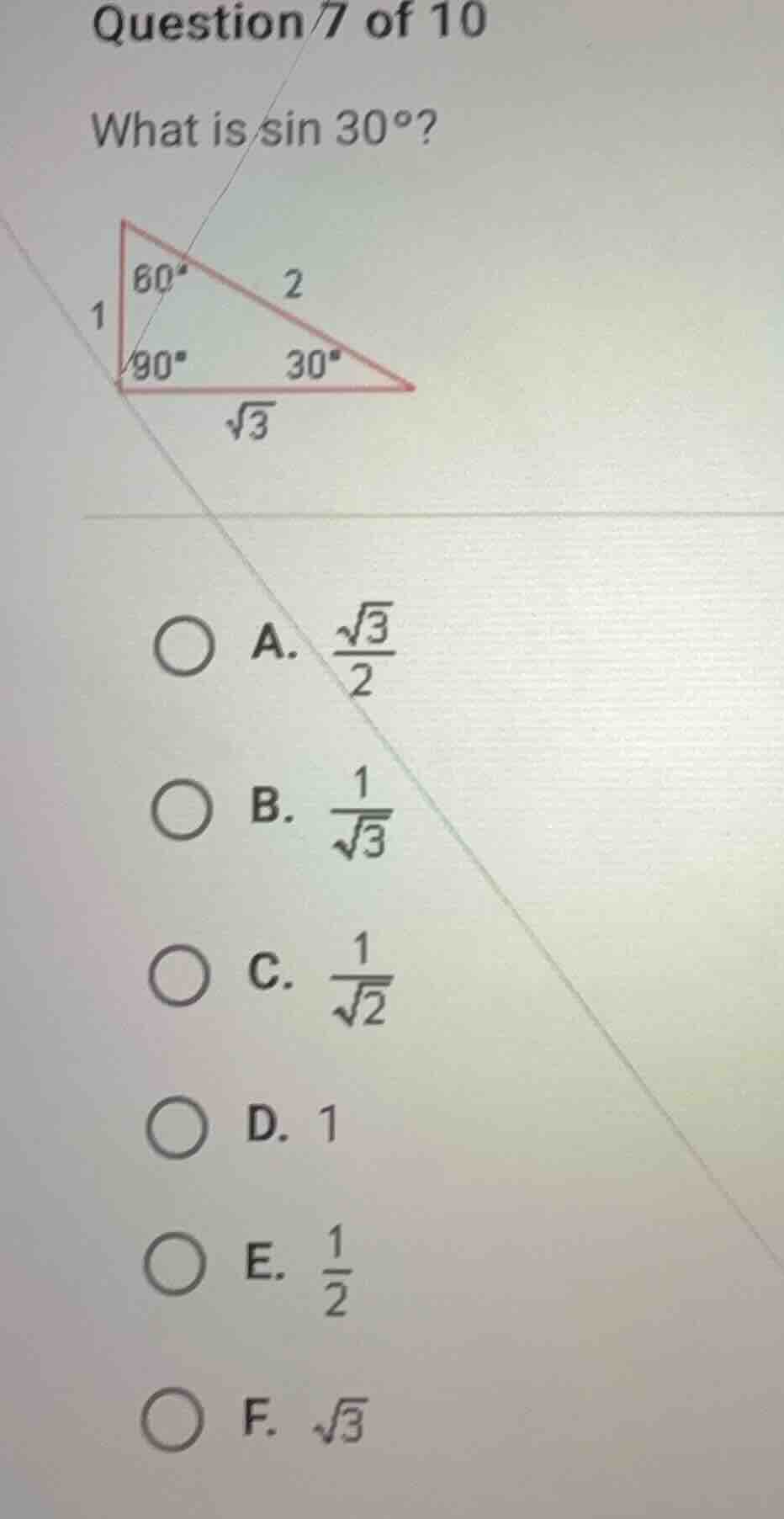 question 7 of 10 what is \\(\\sin 30^\\circ\\)? a. \\(\\frac{\\sqrt{3}}…