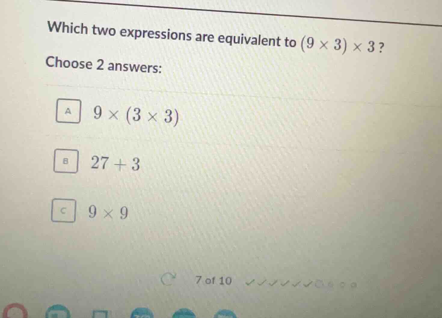 which two expressions are equivalent to \\((9 \\times 3) \\times 3\\)? …
