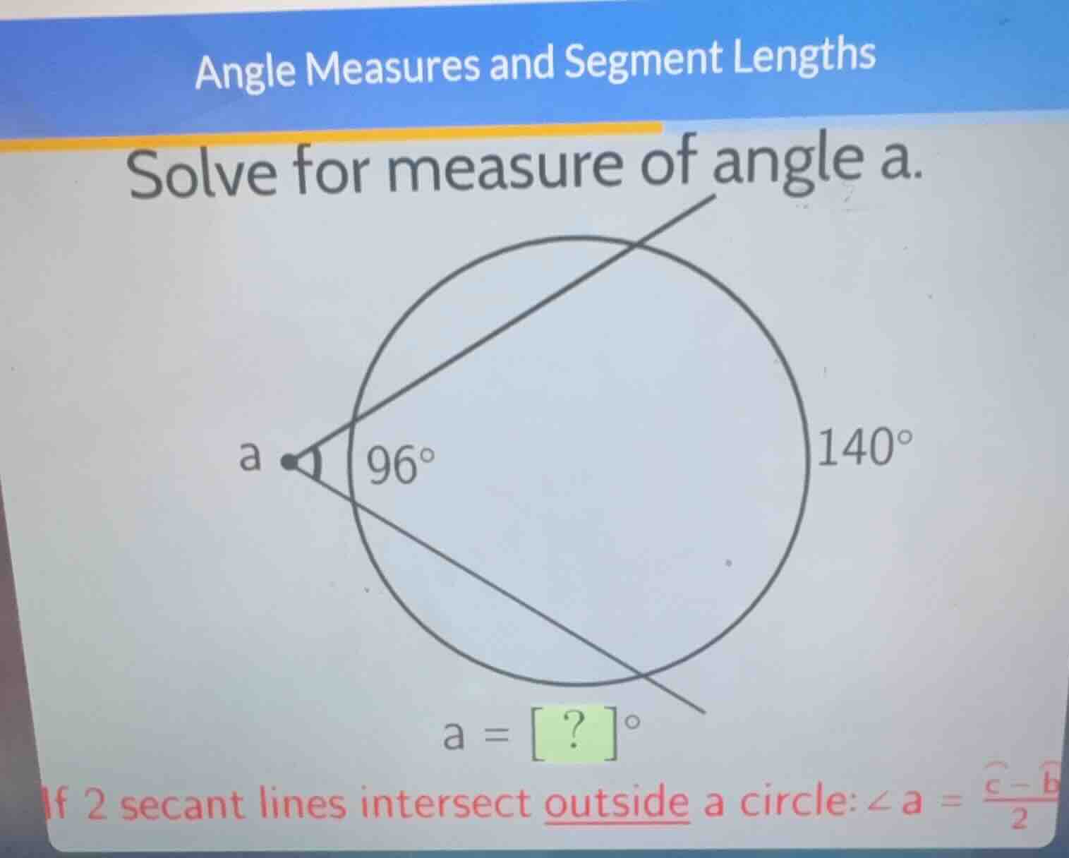 angle measures and segment lengths solve for measure of angle a. \\(a =…