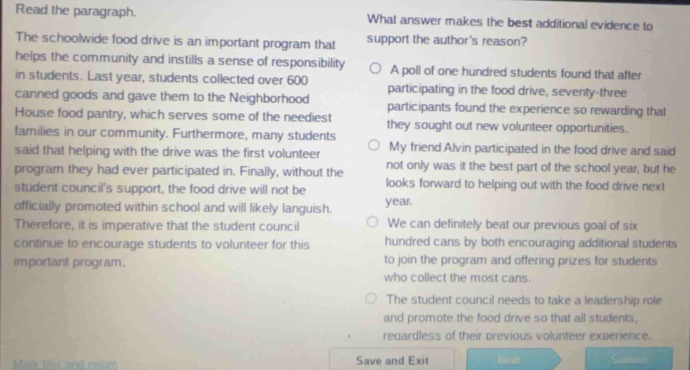 read the paragraph. the schoolwide food drive is an important program t…
