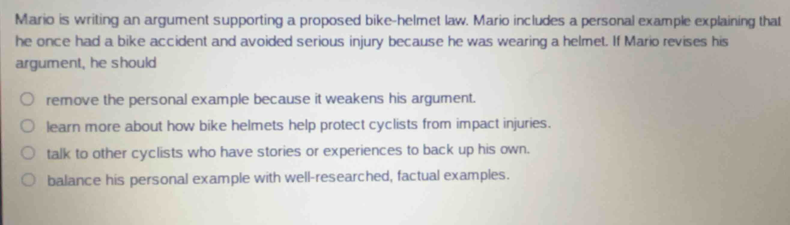 mario is writing an argument supporting a proposed bike-helmet law. mar…