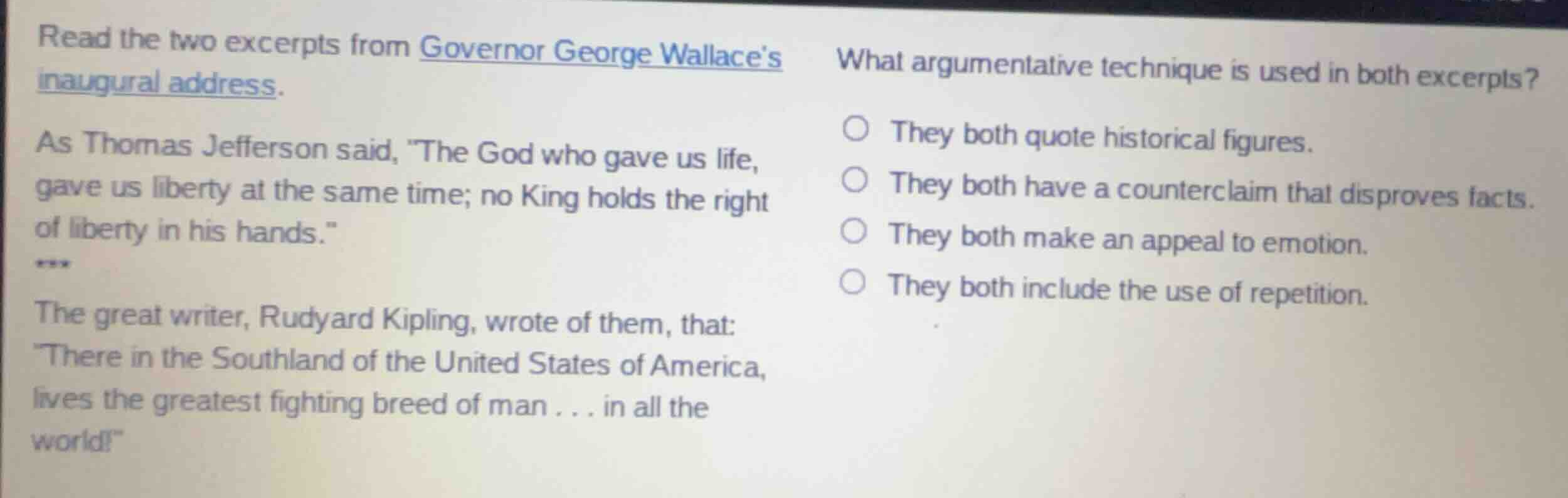 read the two excerpts from governor george wallaces inaugural address. …