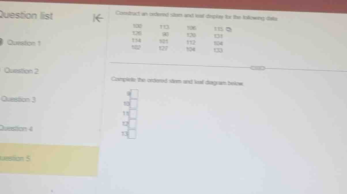construct an ordered stem and leaf display for the following data: 100,…